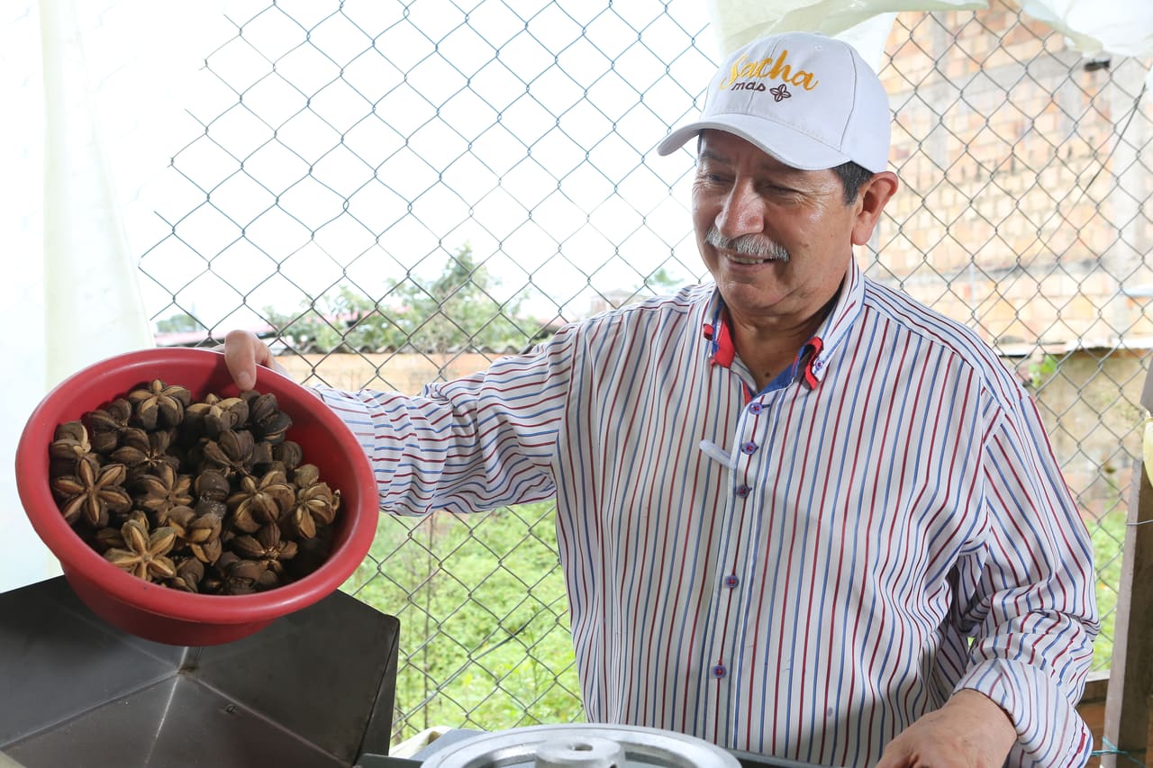 Productor de AsoproSacha tostando semillas de Sacha Inchi